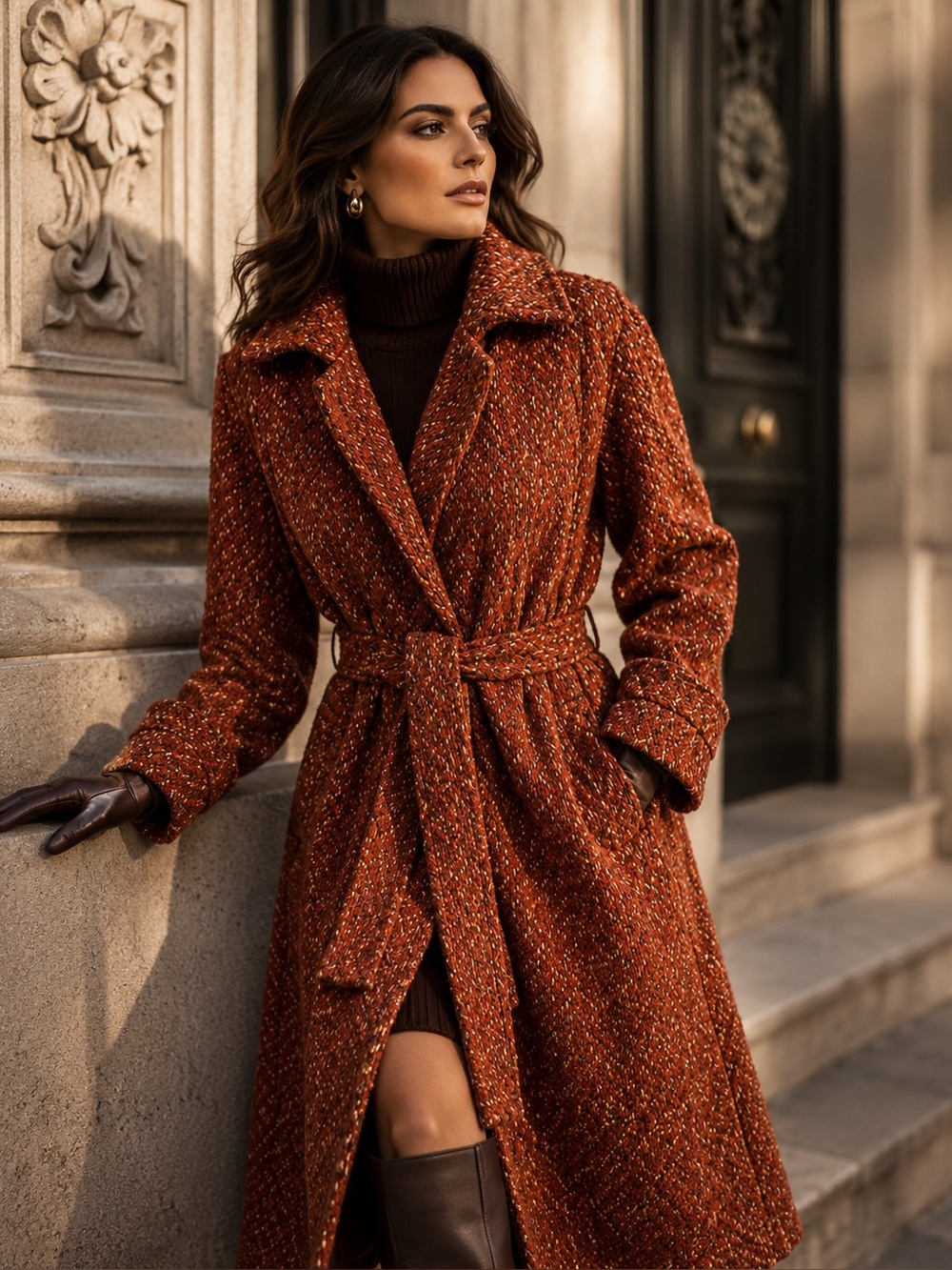 Vintage Franco Mirabelli Wool Blend Belted Bouclé Coat Rust Size S/M